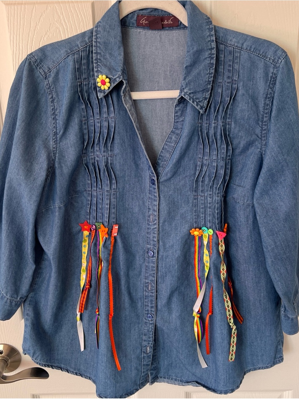 Upcycled Gloria Vanderbilt Light Blue Denim Shirt with Multicolor Ribbon Accents